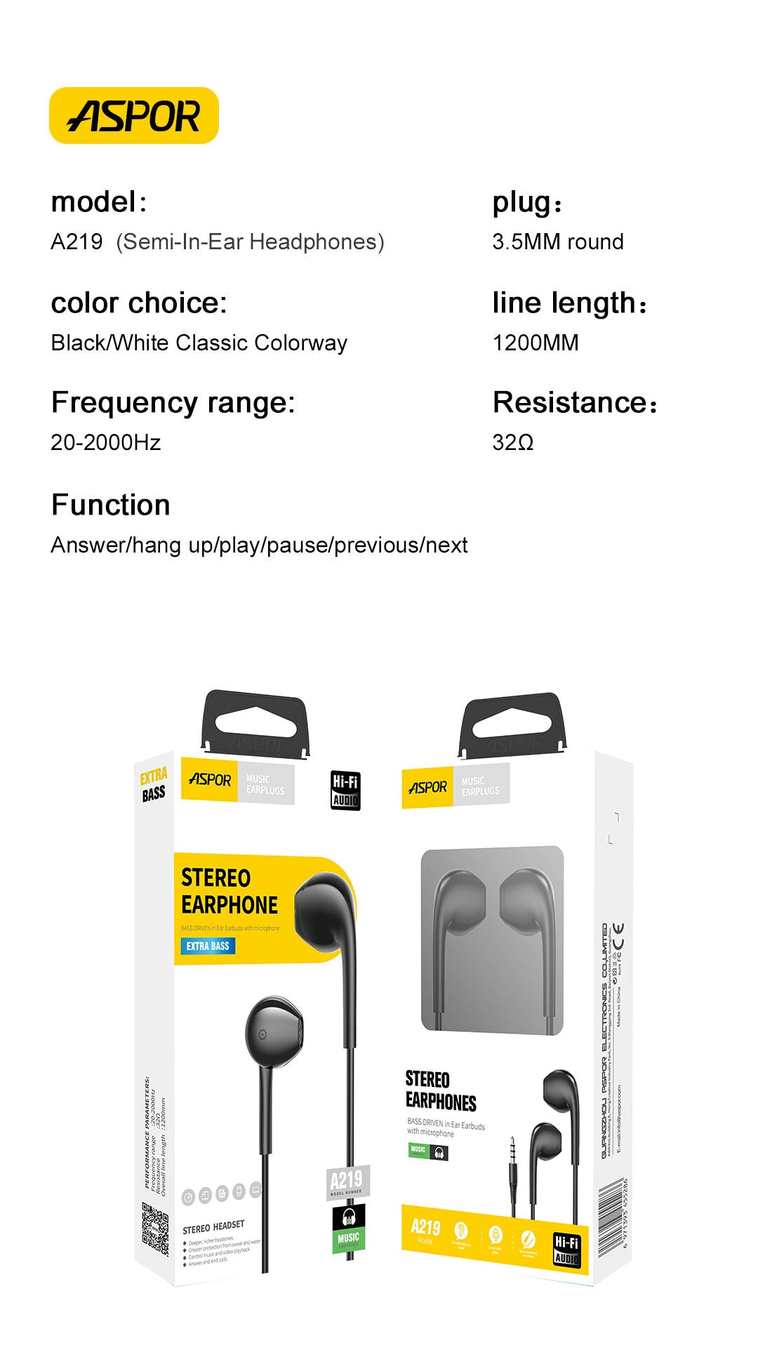 A219 Aspor 3.5mm Earphone/handfree Universal With High Bass Quality Sound