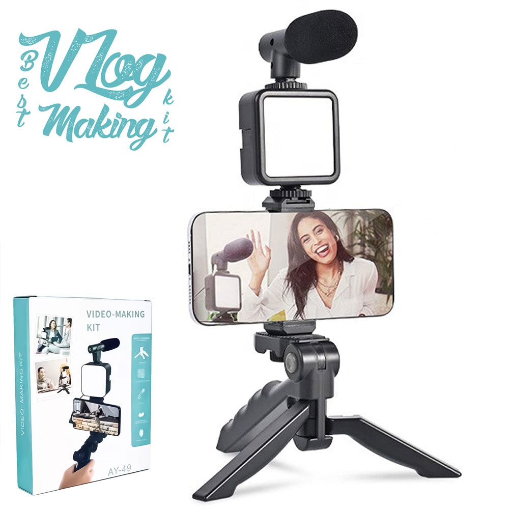 All-in-One AY-49 Video Vlogging Kit – Complete Video Making Kit with Tripod Stand, Microphone, LED Light & Mobile Holder