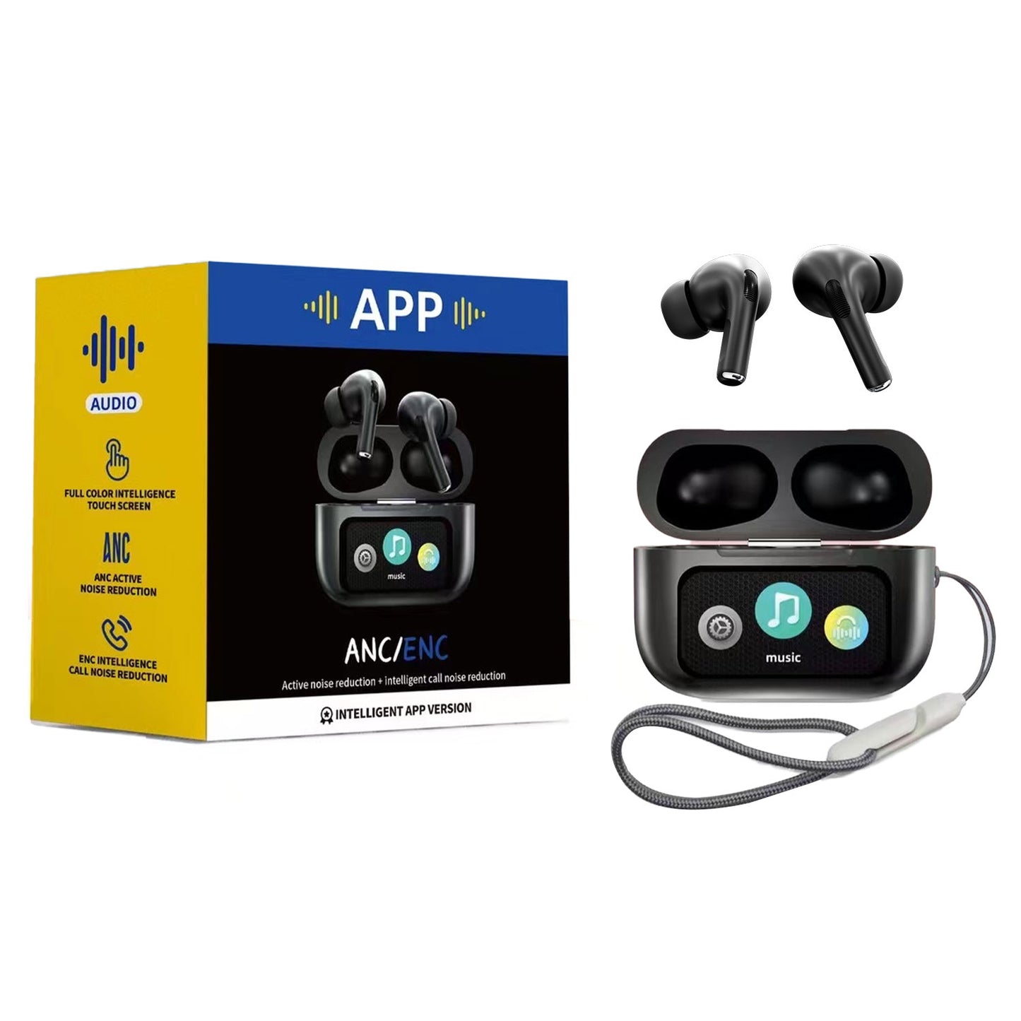 A9 Pro App ANC/ENC Display Touch Control Bt 5.4 Wireless Earbuds With Zwsvibe App Black