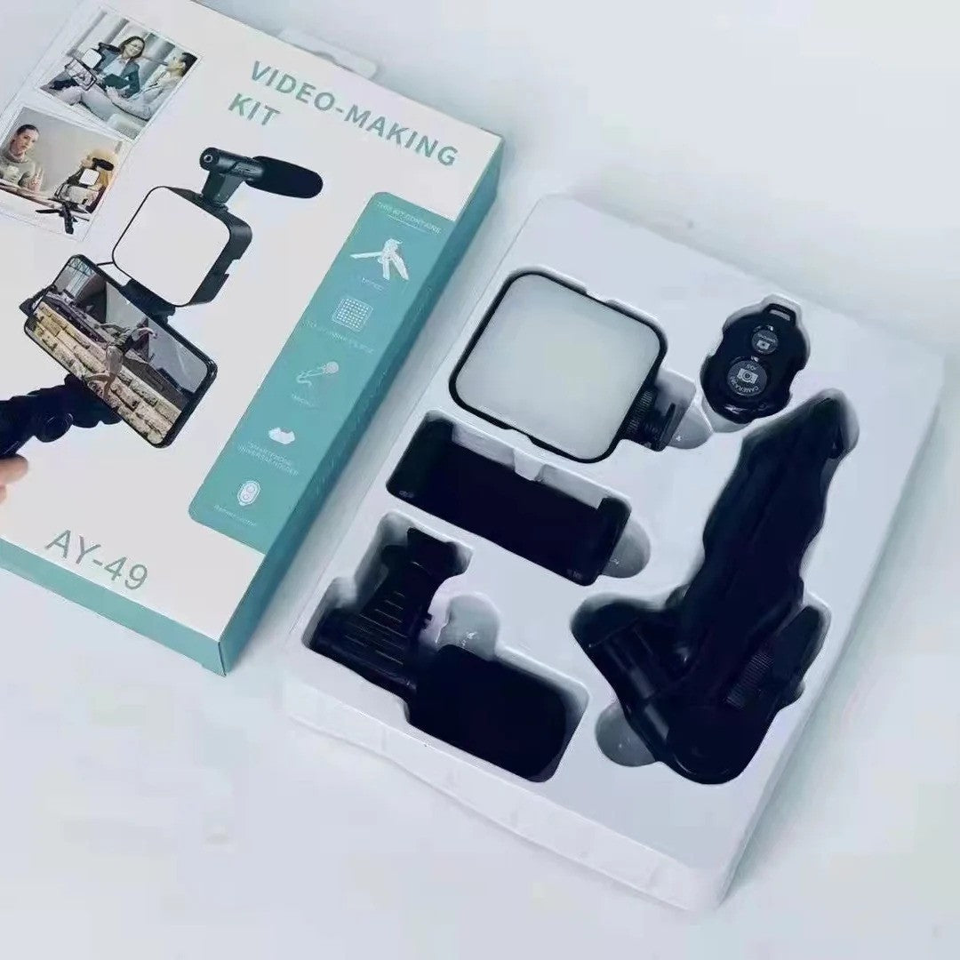 All-in-One AY-49 Video Vlogging Kit – Complete Video Making Kit with Tripod Stand, Microphone, LED Light & Mobile Holder
