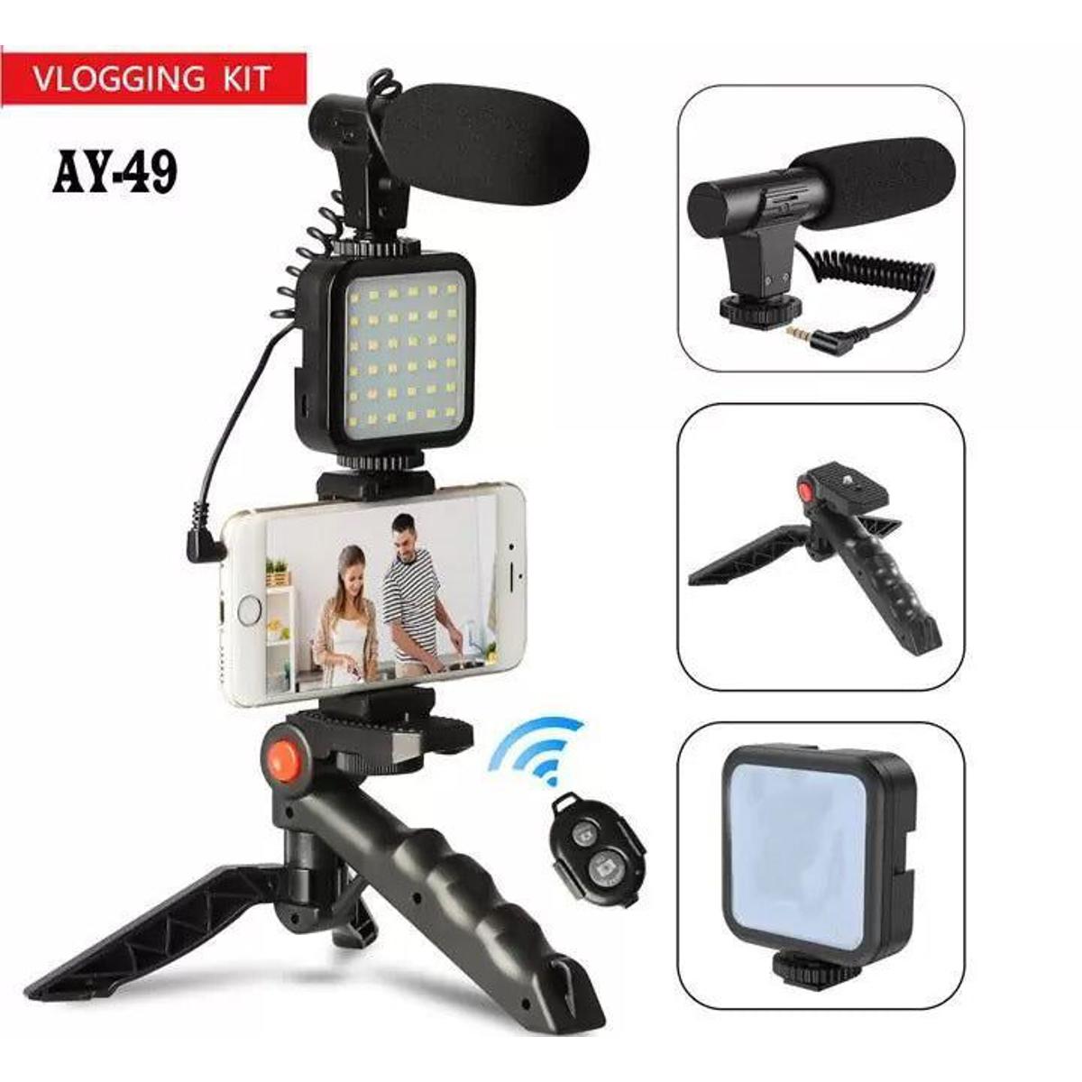All-in-One AY-49 Video Vlogging Kit – Complete Video Making Kit with Tripod Stand, Microphone, LED Light & Mobile Holder
