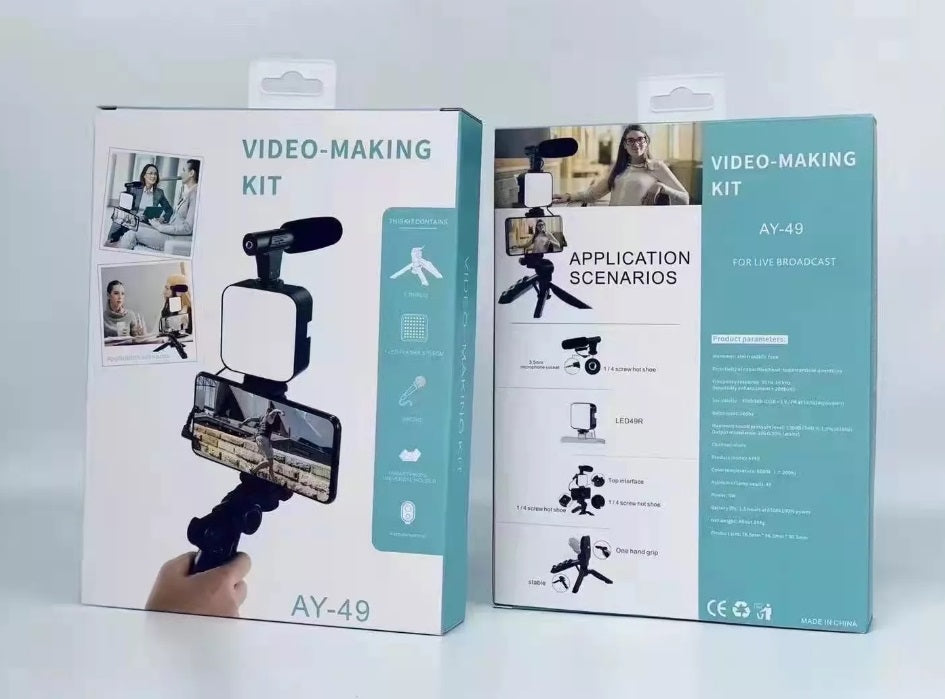All-in-One AY-49 Video Vlogging Kit – Complete Video Making Kit with Tripod Stand, Microphone, LED Light & Mobile Holder