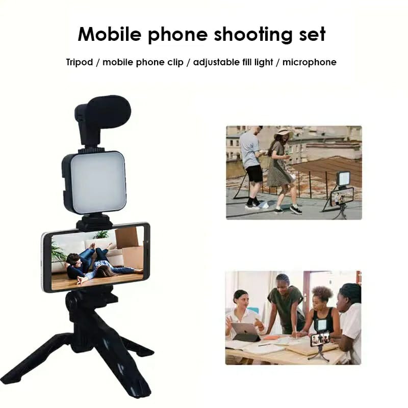 All-in-One AY-49 Video Vlogging Kit – Complete Video Making Kit with Tripod Stand, Microphone, LED Light & Mobile Holder