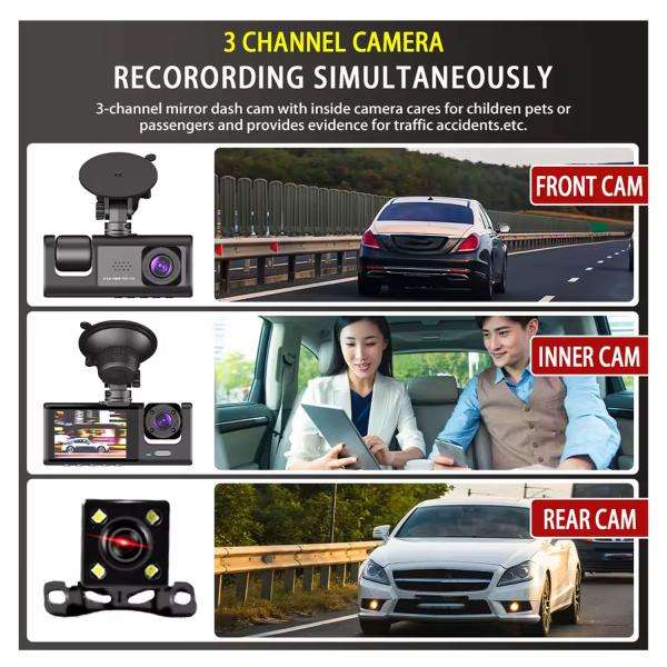Y16 3 Channel Dash Cam Hd 1080p (170° Ultra-wide-angle A+ Lens) Front Rear Video
