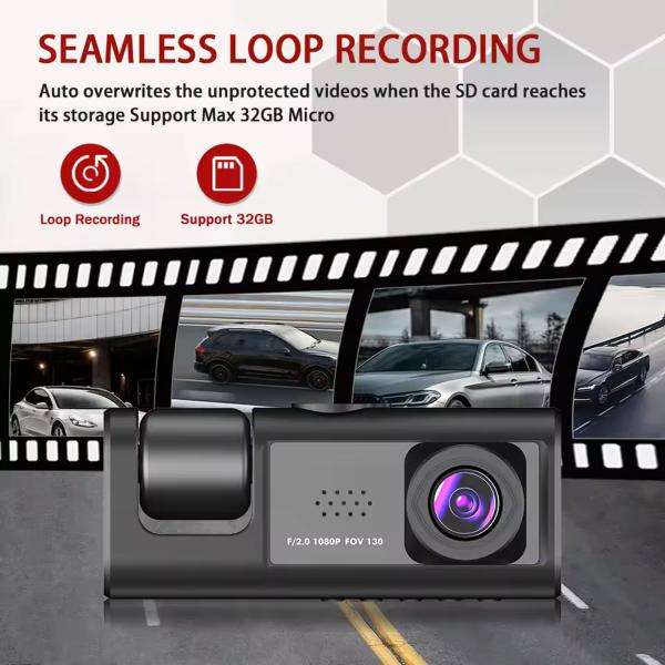 Y16 3 Channel Dash Cam Hd 1080p (170° Ultra-wide-angle A+ Lens) Front Rear Video
