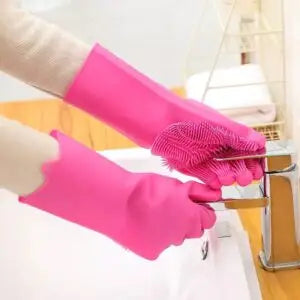 Reusable Silicone Gloves with Built-In Scrubber – Heat Resistant Cleaning Gloves for Dishwashing, Household Tasks, and Car Washing (1 Pair: Right + Left Hand)