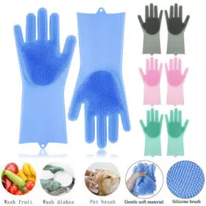 Reusable Silicone Gloves with Built-In Scrubber – Heat Resistant Cleaning Gloves for Dishwashing, Household Tasks, and Car Washing (1 Pair: Right + Left Hand)