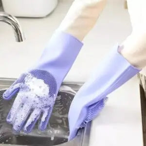 Reusable Silicone Gloves with Built-In Scrubber – Heat Resistant Cleaning Gloves for Dishwashing, Household Tasks, and Car Washing (1 Pair: Right + Left Hand)