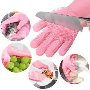 Reusable Silicone Gloves with Built-In Scrubber – Heat Resistant Cleaning Gloves for Dishwashing, Household Tasks, and Car Washing (1 Pair: Right + Left Hand)